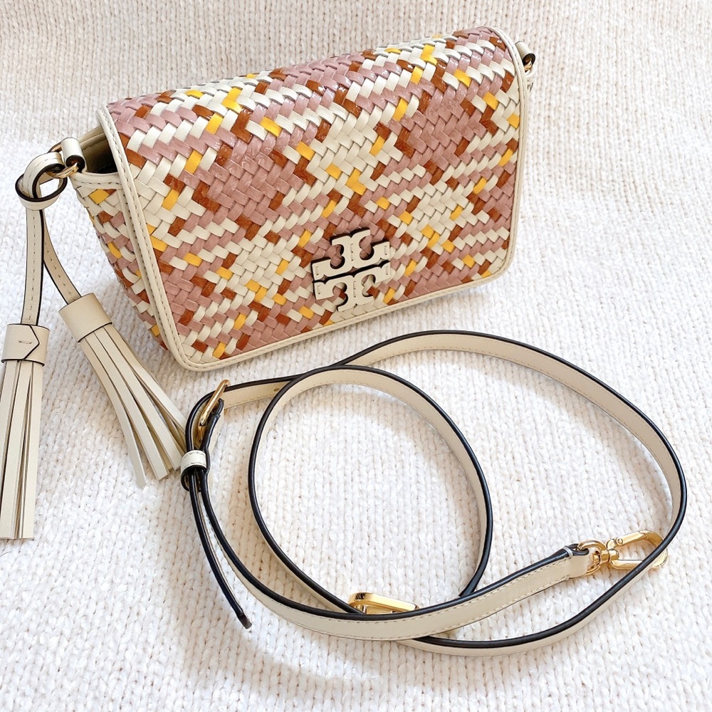 NWT Tory Burch Leather Thea Woven Multi Mini Pink Moon Cross Body Bag